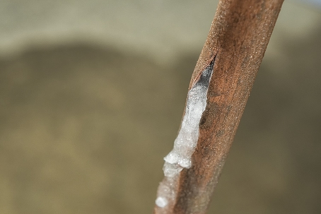A close-up of a frozen copper pipe that has burst, with ice flowing out of the hole. | Blazer Heating, Air, and Plumbing