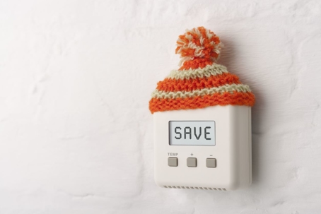 thermostat showing word SAVE wearing orange striped hat